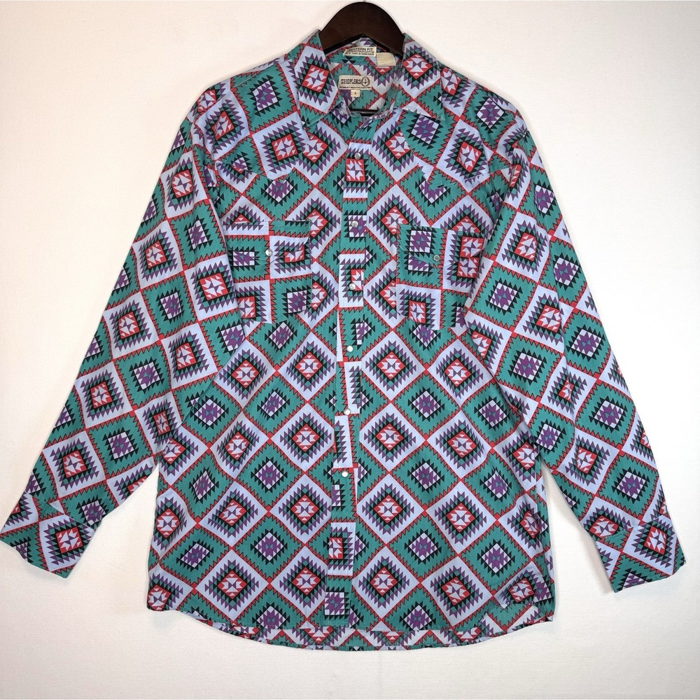 Sheplers Mens Lg 90s Western Shirt Cowboy Rodeo Aztec Turquoise Pearl Snap VTG